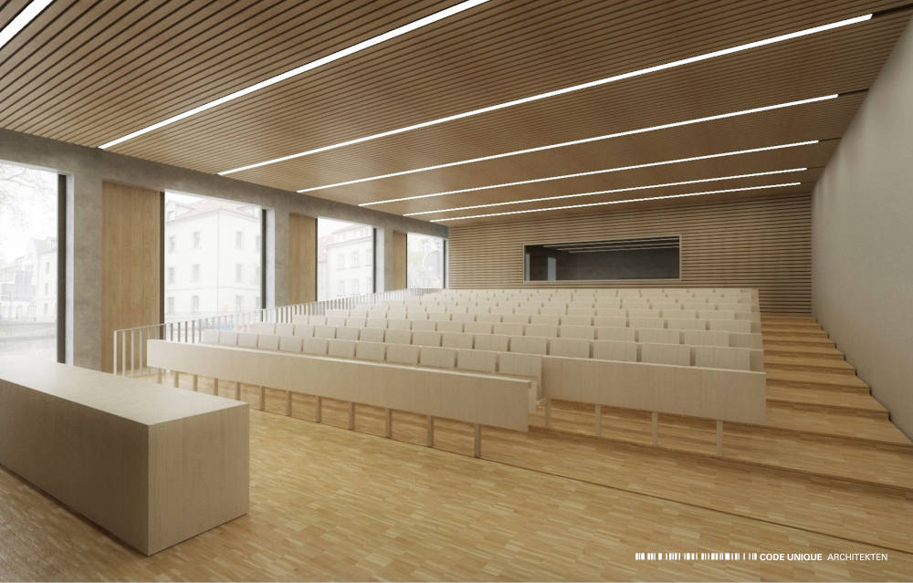 Ein Hörsaal im "Campus am Inselplatz". Entwurf und Visualisierung - CODE UNIQUE Architekten GmbH