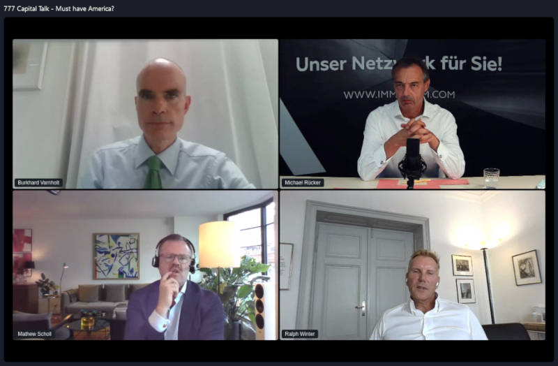 Burkhard Varnholt,
Michael Rücker,
Ralph Winter und Matthew Scholl (von oben links im Uhrzeigersinn) debattierten über den Investmentmarkt USA. Copyright: IMMOCOM