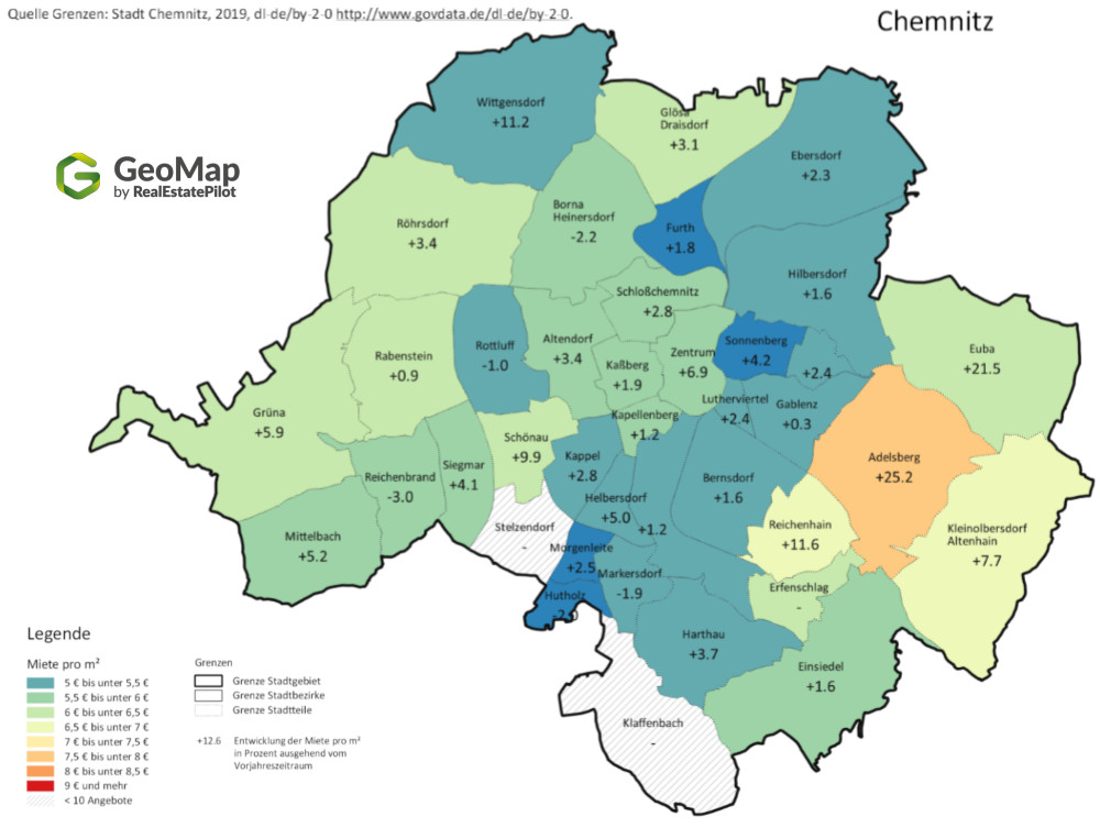 Die Mietpreise in Chemnitz. Quelle: GeoMap by RealEstatePilot