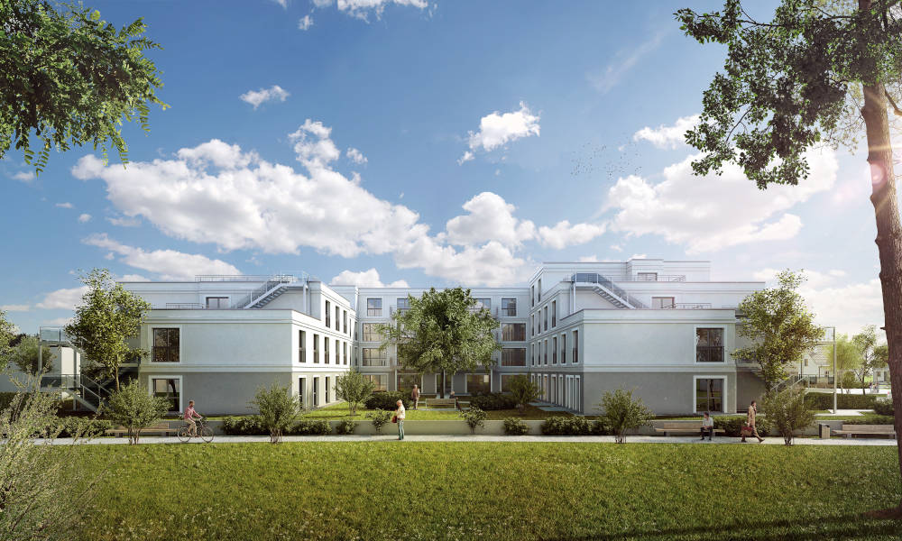 Die compassio Seniorenresidenz Neuruppin hofseitig gesehen. Copyright: Plan & Bauwerk (Winsen/Aller),
Jan von Hörsten / Virtuelle Fabrik Bremen