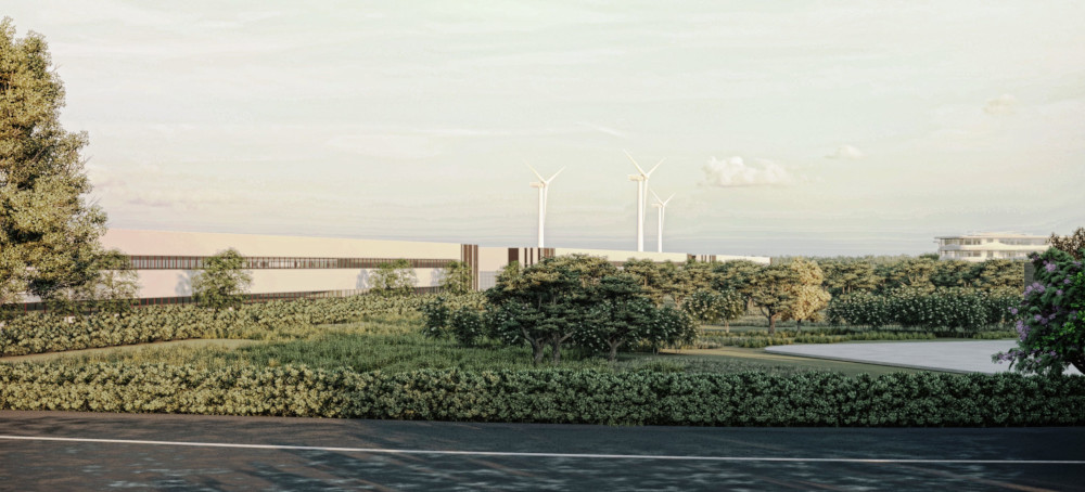 Visualisierung des E-Mobilitätszentrums bei Cottbus, wo die Farbe Grün eine große Rolle spielen wird. Copyright: Soltkahn AG