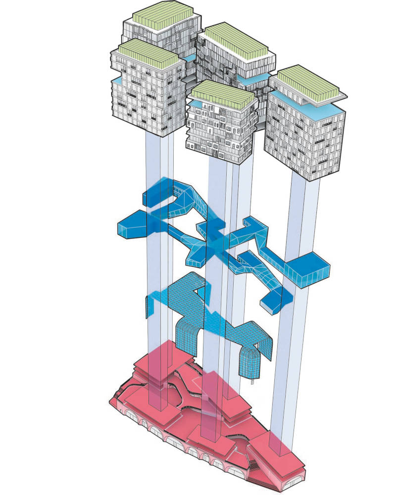 Die Grundform bleibt erhalten: Aus den fünf Türmen des Eckwerks werden beim WieWeil drei Türme. Copyright: GRAFT GmbH,
 Kleihues + Kleihues GmbH