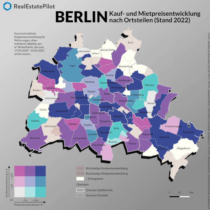 Die Kauf- und Mietpreisentwicklung in Berlin. Zum Vergrößern klicken! Copyright: GeoMap by Real Estate Pilot AG