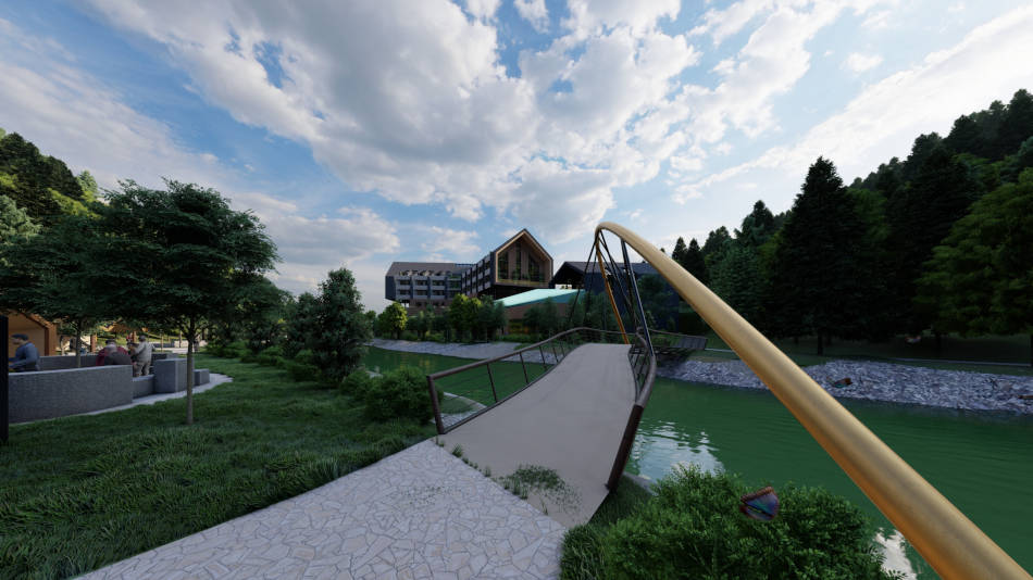 Die Brücke im Resort quert die Schwarza. Copyright: PAB Architekten