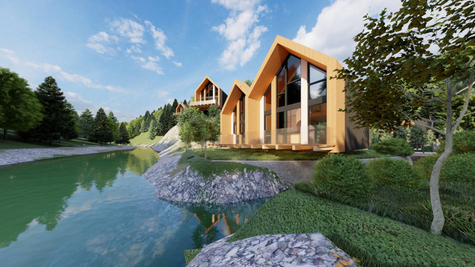 Die Chalets säumen das Ufer der Schwarza. Copyright: PAB Architekten Die Chalets säumen das Ufer der Schwarza. Copyright: PAB Architekten