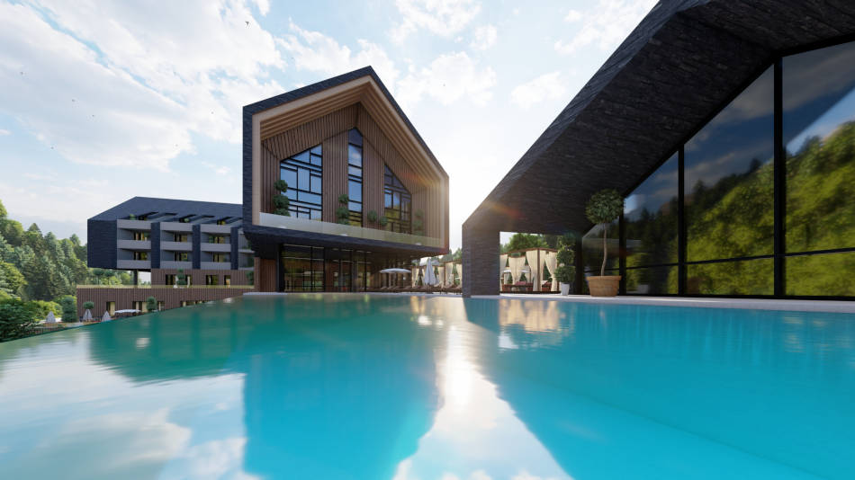 Das Hauptgebäude mit Infinity Pool. Copyright: PAB Architekten