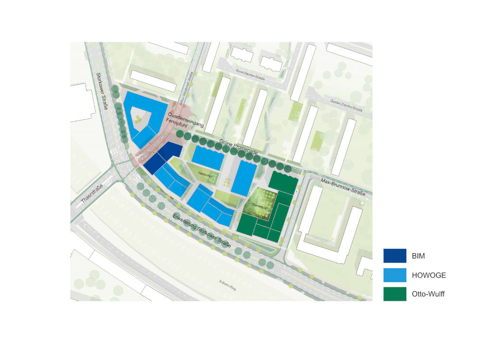 Lageplan des Quartiers Fennpfuhler Tor. Copyright: MLA+ GmbH und Lysann Schmidt Landschaftsarchitektur__Grauwald Studio