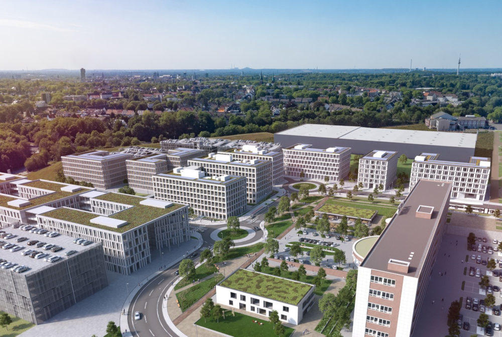 Rund um das O-Werk (rechts) entsteht ein eigener Campus. Copyright: HPP Architekten/HH Vision