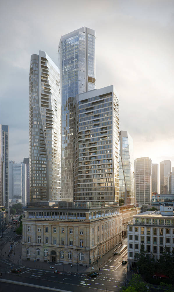 FOUR Frankfurt besteht aus vier unterschiedlich hohen Hochhäusern. Copyright: Groß & Partner Grundstücksentwicklungsgesellschaft mbH / UNStudio