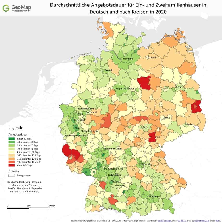 Wo Einfamilienhäuser in Deutschland Ladenhüter oder Verkaufsschlager sind. Quelle: geomap.immo