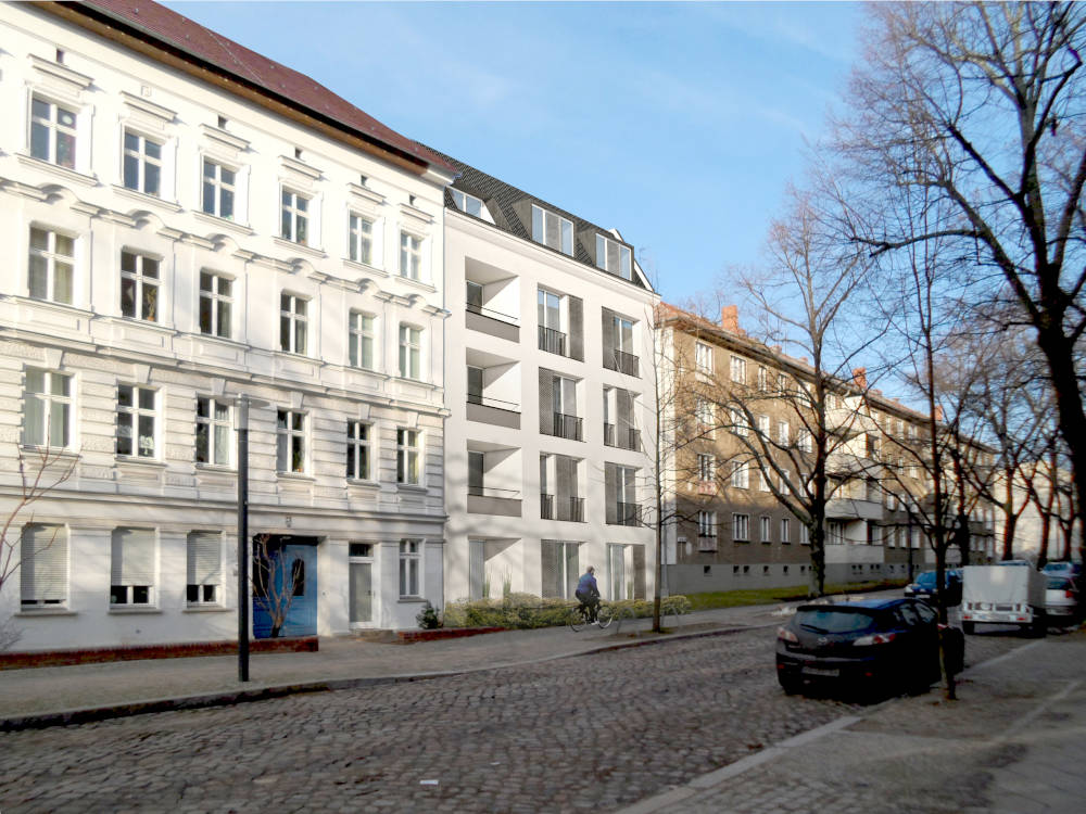 Das Vorderhaus des GESOBAU-Projektes in der Gounodstraße. Copyright: Bollinger + Fehlig Architekten