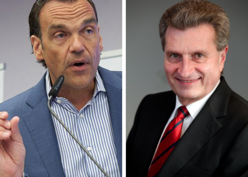 Günther Oettinger (r.) will Aufsichtsratsmandat in Gröners CG Elementum AG. Copyright: Tom Dachs; Etienne Ansotte/Europäische Kommission