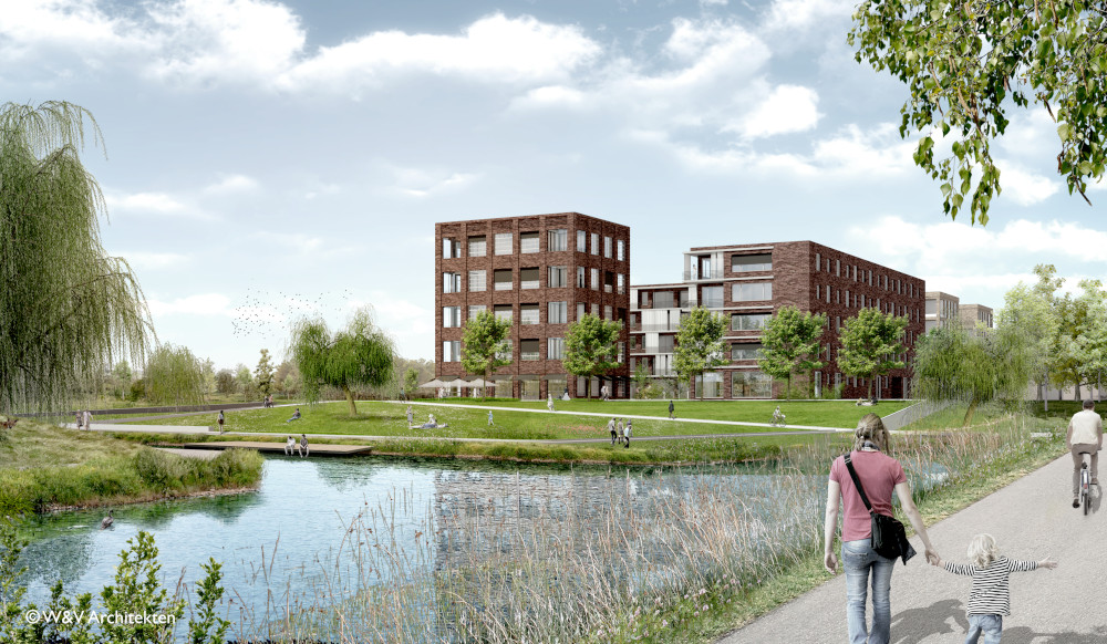 Das Atelierhaus (li.) wird das andere Gebäude überragen und den Lindenauer Hafen turmartig abschließen. Copyright: W&V Architekten Das Atelierhaus (li.) wird das andere Gebäude überragen und den Lindenauer Hafen turmartig abschließen. Copyright: W&V Architekten