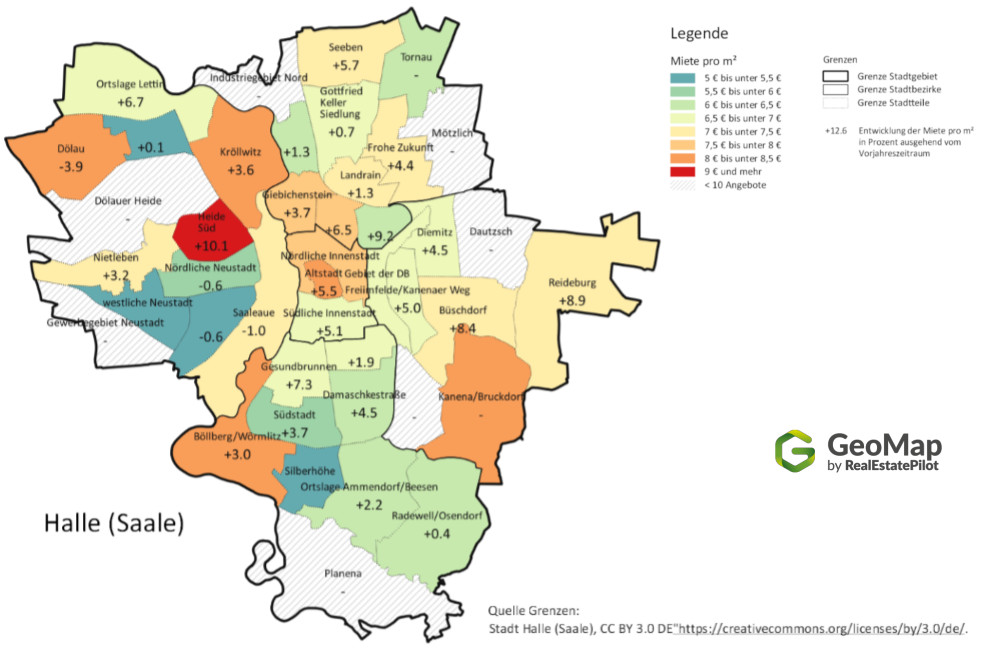 Die Mieten,die in Halle anfallen. Quelle: GeoMap by RealEstatePilot