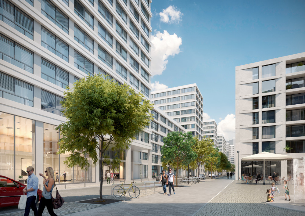 Blick auf den Büroriegel "QH Track" und rechts daneben "QH Colonnades". Foto: EM2N/Quartier Heidestraße GmbH