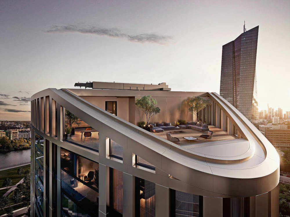 Das Dach eines Zwillingsturmes im HPQ LIVING im Hafenpark Quartier Frankfurt. Copyright: XOIO Berlin,
HPQ