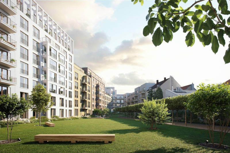 Ein Blick in den Innenhof des Wohnensembles HOCH DER ISAR. Copyright: Becken Development GmbH