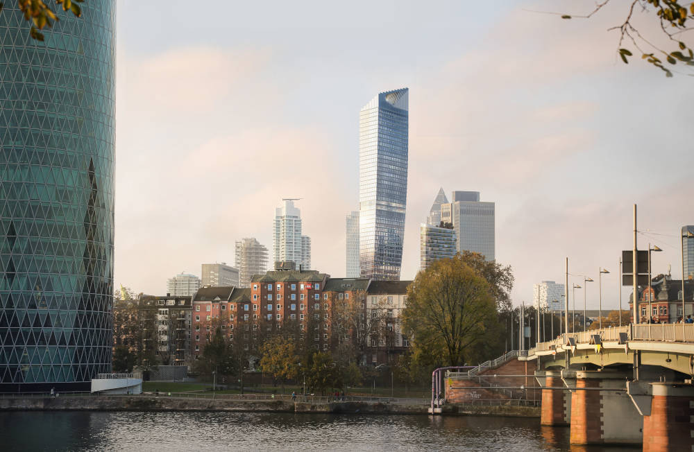 Das neue Hochhausensemble und die Skyline Frankfurts. Copyright: CA Immo / Nightnurse Images,
 Zürich