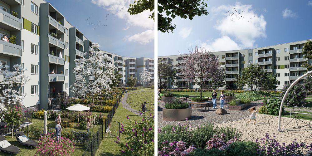 Wohnquartier Kreuzerhof: Gärten,
Bänke und Spielgeräte sorgen für hohe Aufenthaltsqualität. Quelle: HWG