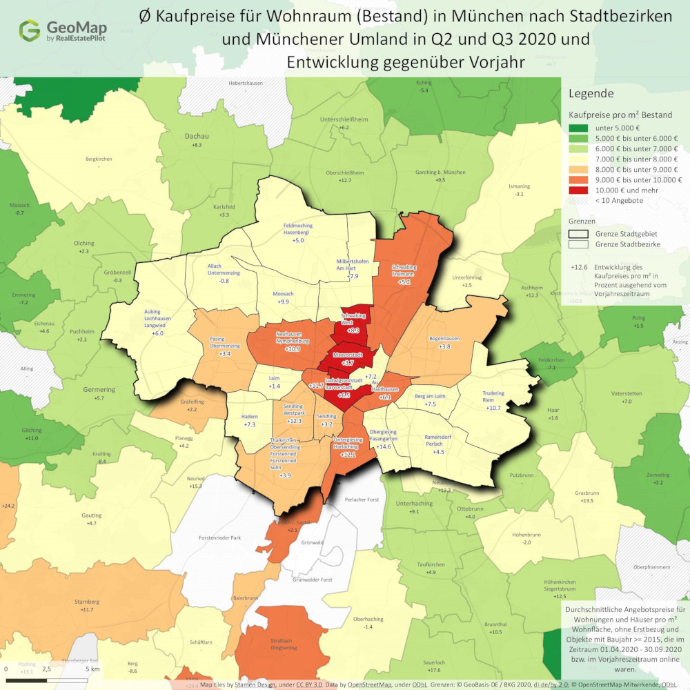 Wo muss in München welcher Quadratmeterpreis für Wohnraum gezahlt werden? Quelle: GeoMap GmbH