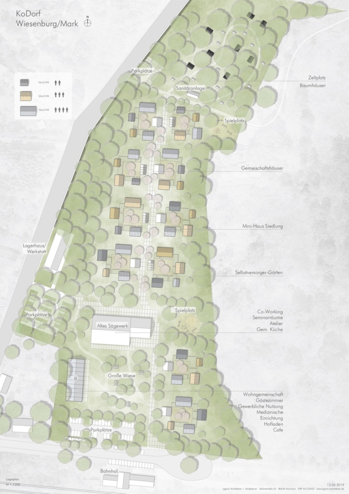 So soll das KoDorf einmal aussehen: Neben kleinen Gruppen aus Tiny Houses gibt es große Gemeinschaftsflächen. Quelle: agmm Architekten + Stadtplaner