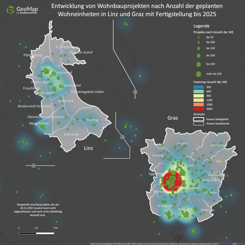 Linz oder Graz? wo wird mehr gebaut? Copyright: geomap.immo