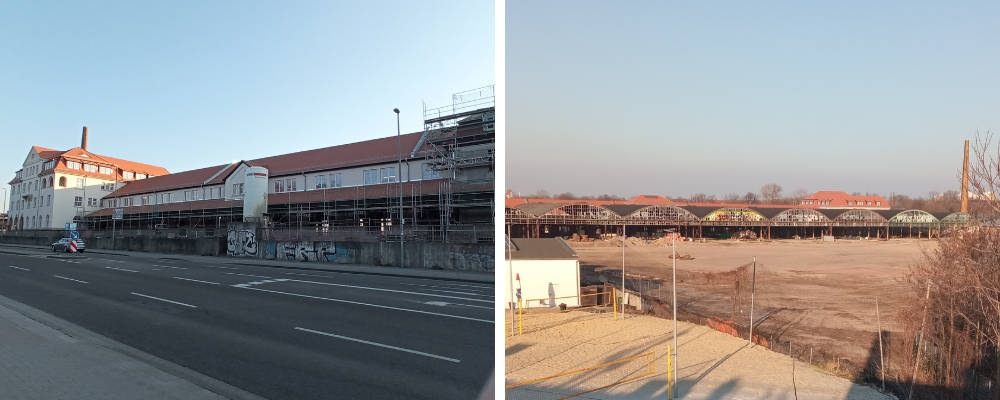 Links ein weiterer Blick auf die Front des Mariannen-Campus. Rechts die Bahnhofshallen,
 die ebenfalls noch saniert werden. Copyright: IMMOCOM / Pierre Pawlik