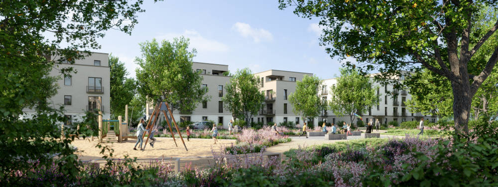 Zeitlose Architektur und üppig begrünte Außenanlagen prägen das geplante Quartier MAWA in Pirna. Quelle: SeidelStudios,
 Pirna