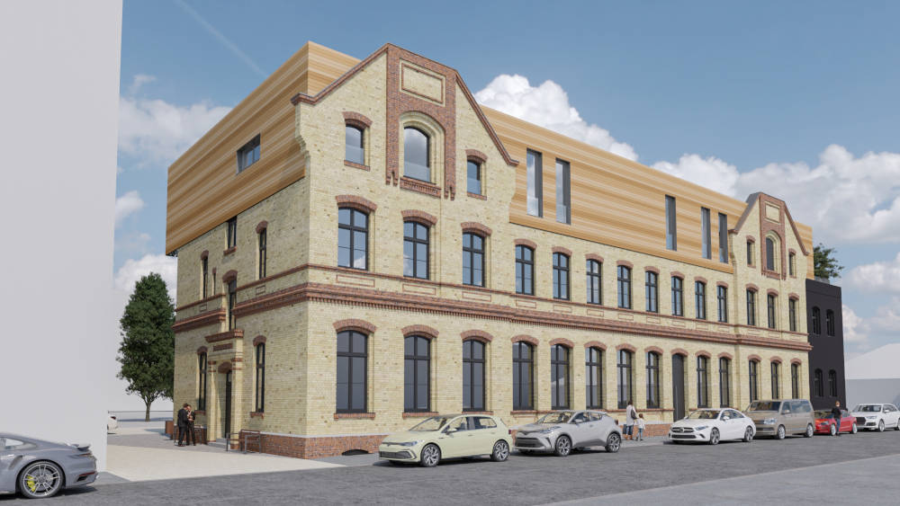 So soll die frühere Molkerei in der Magdeburger Stresemannstraße nach dem Umbau aussehen. In dem modernen Dachaufbau entstehen drei Wohnungen,
darunter Büros. Visualisierung: Sattler+Täger
