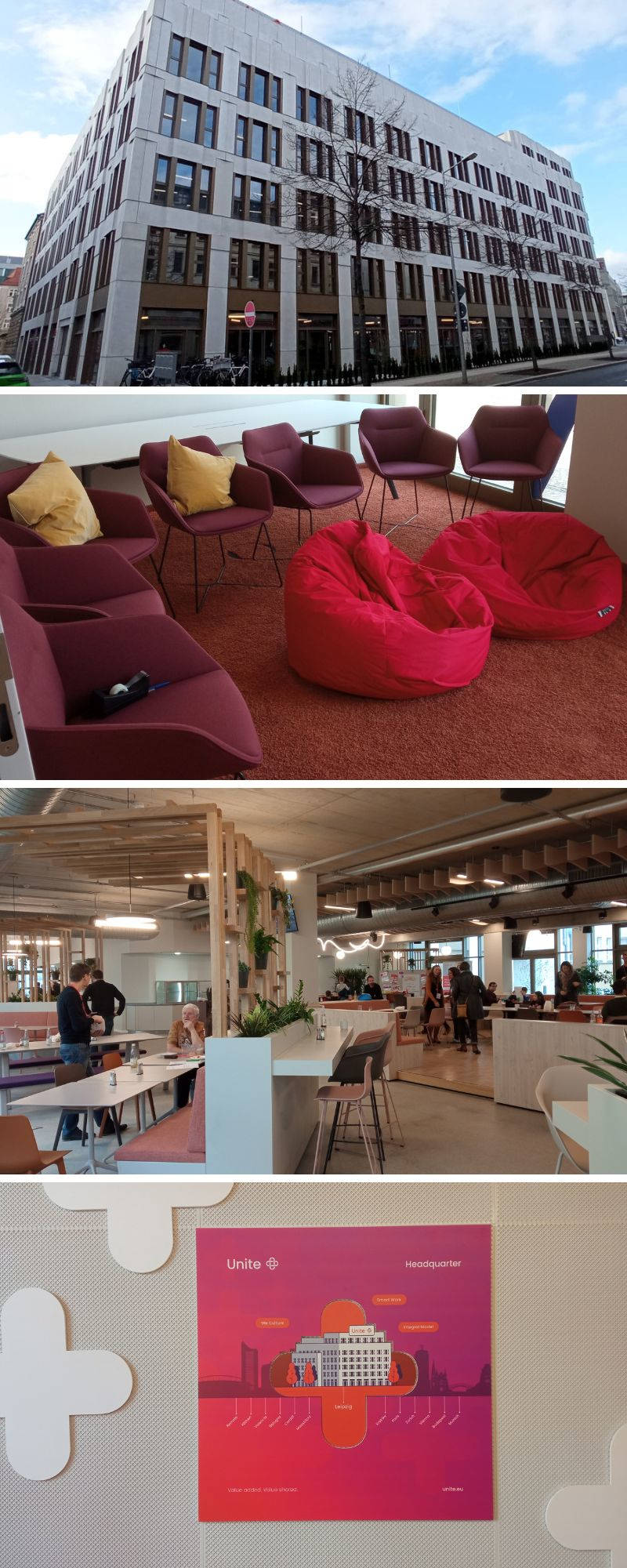 Von oben: das Unite-Headquarter Netzwerk,
ein Besprechungsraum,
der öffentlich zugängliche Bereich und ein Abbild des Gebäudes. Copyright: IMMOCOM / Pierre Pawlik