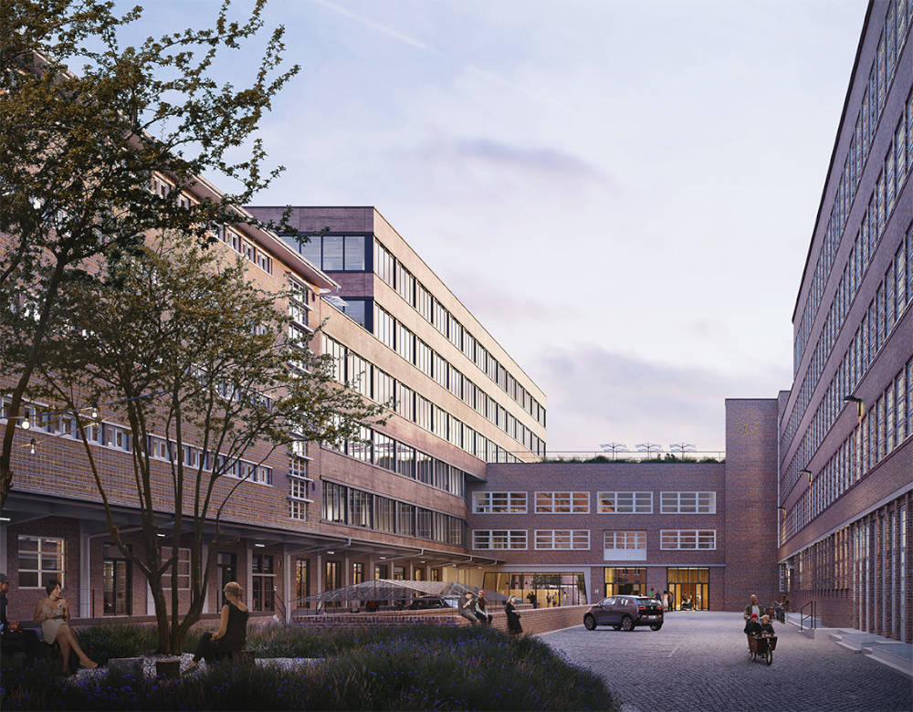 So soll die Leipziger Konsumzentrale 2026 aussehen: mit grünen Inseln im Innenhof,
 einem fünfgeschossigen Neubau (links) und Dachterrassen. Copyright: W&V Architekten