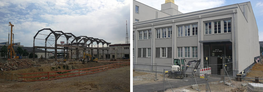 Das Gebäude des Amtes für Jugend und Familie ist bereits weit fortgeschritten (rechts),
 jenes für die Biotech-Firmen nicht. Copyright: IMMOCOM / Robert Hoffmann