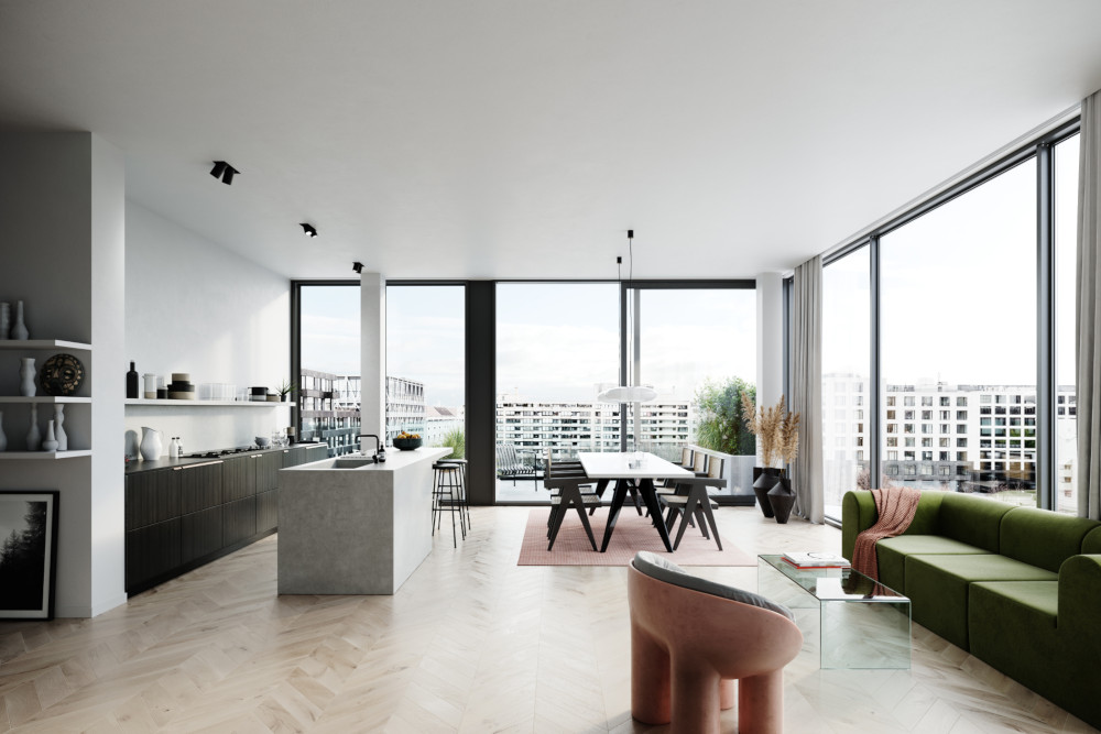 Blick ins Innere des gläsernen Penthouses. Copyright: David Borck Immobiliengesellschaft