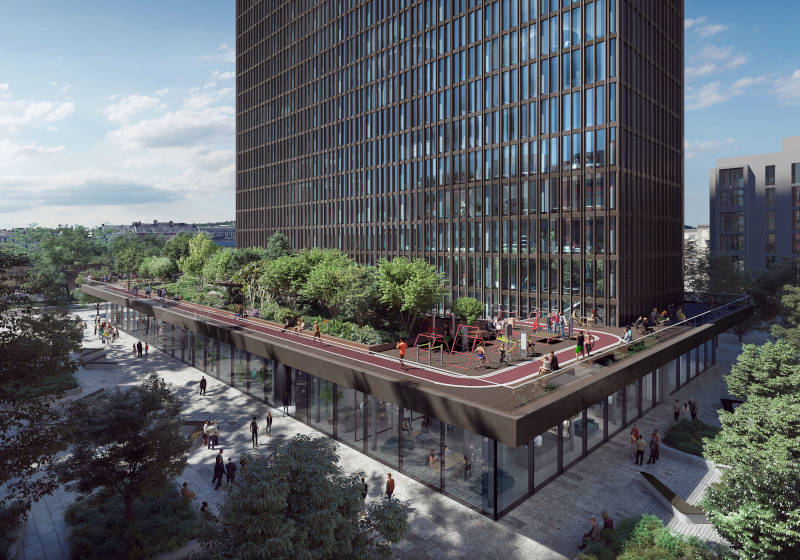 Das Refurbishment sieht einen neuen,
eingeschossigen Sockel für M50 vor. Copyright: Eike Becker_Architekten
