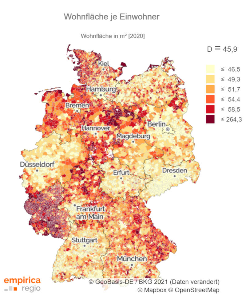 Der Pro-Kopf-Wohnflächenverbrauch in Deutschland. Copyright: Siehe Karte.