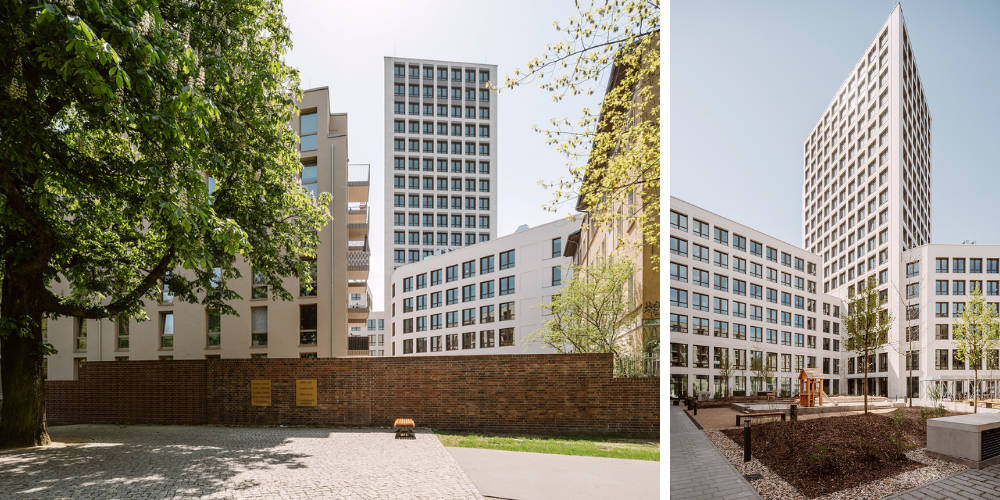 Leuchtturm für das Wohn- und Büroquartier ist das Hochhaus. Copyright: HOWOGE / Rentsch