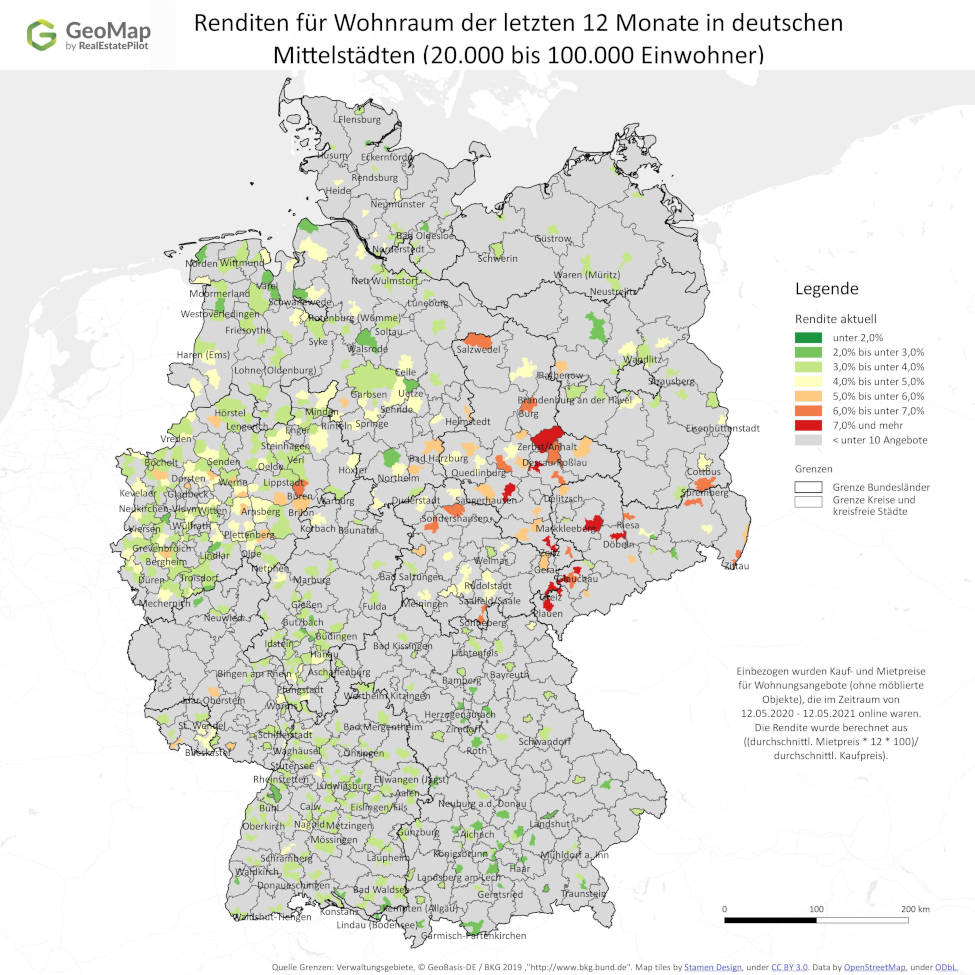 Renditen in deutschen Mittelstädten. Copyright: GeoMap by RealEstatePilot