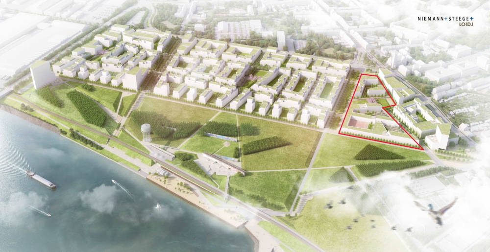 Vogelperspektive auf die geplante Quartiersentwicklung „RheinOrt“. Rechts: Die veräußerte Teilfläche. Copyright: DLE Land Development