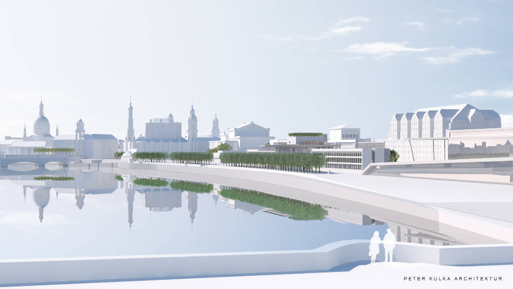 Der Sächsische Landtag von der Marienbrücke aus gesehen. Copyright: Peter Kulka Architektur