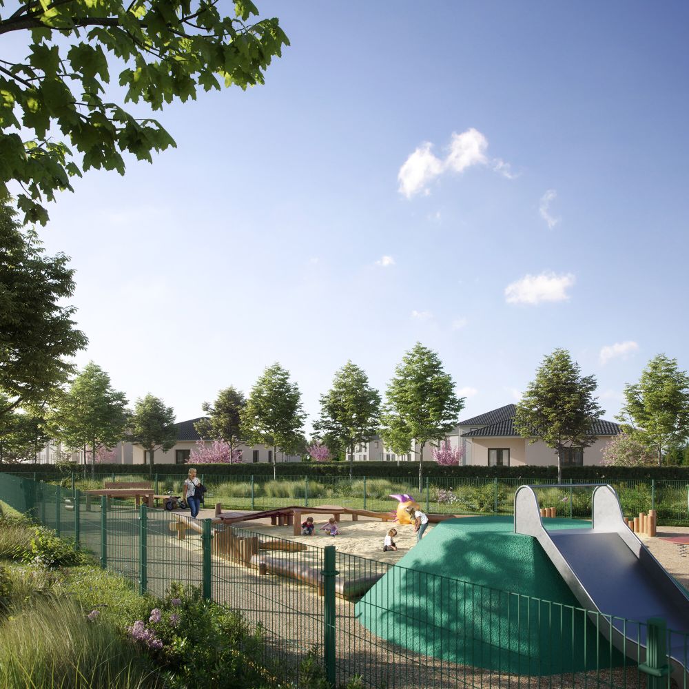 So soll die öffentliche Grünanlage mit Spielplatz aussehen. Quelle Bonava. So soll die öffentliche Grünanlage mit Spielplatz aussehen. Quelle Bonava.