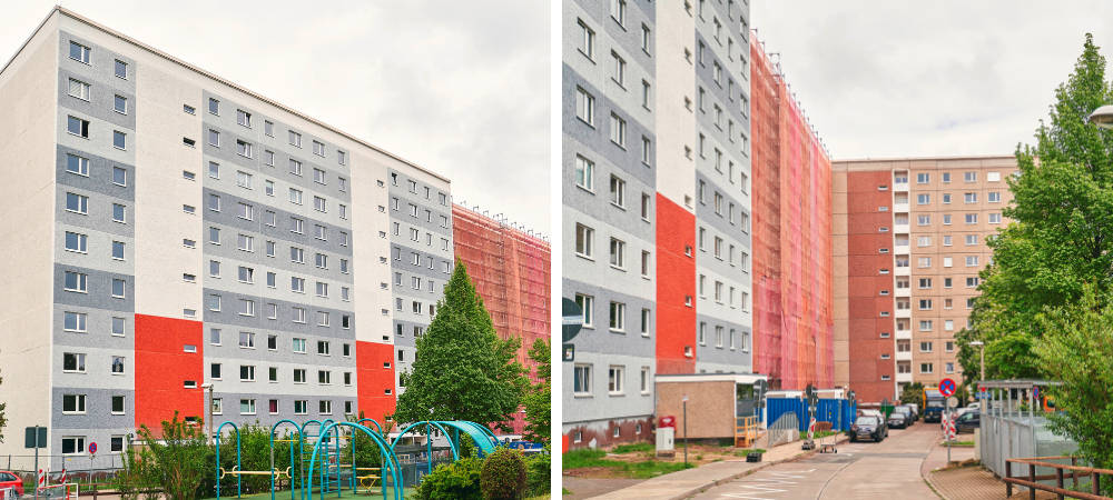 Die Baugerüste am Smarten Quartier Jena-Lobeda sind ein Gebäude „weitergerückt“. Copyright: Stadtwerke Jena / Anna Schroll