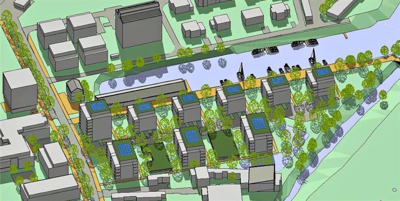 Das Modell zeigt den Neubau von neun Mehrfamilienhäusern am Südufer des Hafenbeckens. Quelle: Architekturbüro Schuster