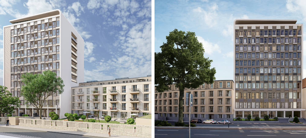 Das TA-Hochhaus wird zu Wohnraum. Links die Hofansicht,
 rechts die Straßenansicht. Copyright: Gröner Group/Mascher&Zink