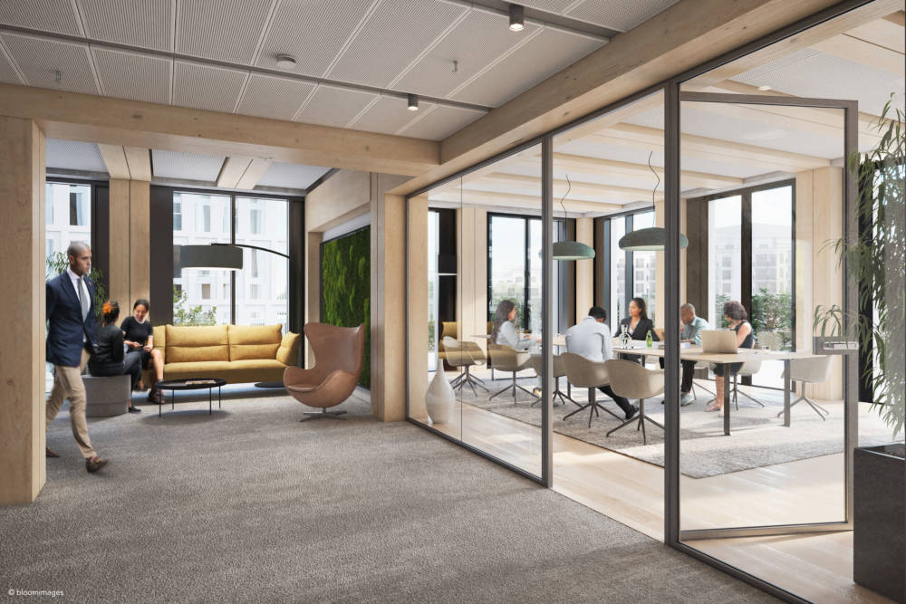Ein Blick in das Holz-Hybrid-Bürogebäude Timber Pioneer. Copyright: bloomimages