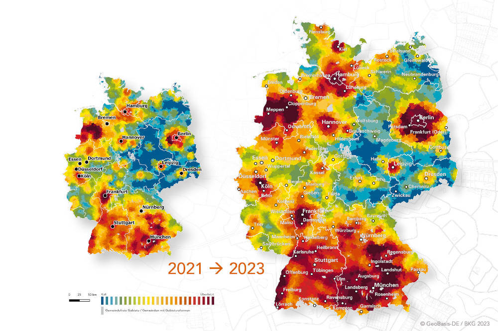 Der Wohnungsmarkt hat sich von 2021 bis 2023 deutlich aufgeheizt. Copyright: BPD Immobilienentwicklung GmbH | GeoBasis-DE / BKG 2023