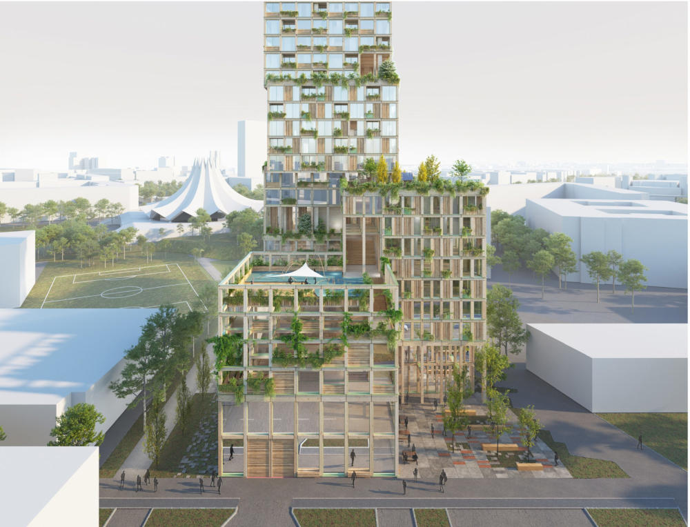 Das vertikale Quartier WoHo und der Eingangsbereich mit seinen Sockeln. Copyright: Mad arkitekter Das vertikale Quartier WoHo und der Eingangsbereich mit seinen Sockeln. Copyright: Mad arkitekter