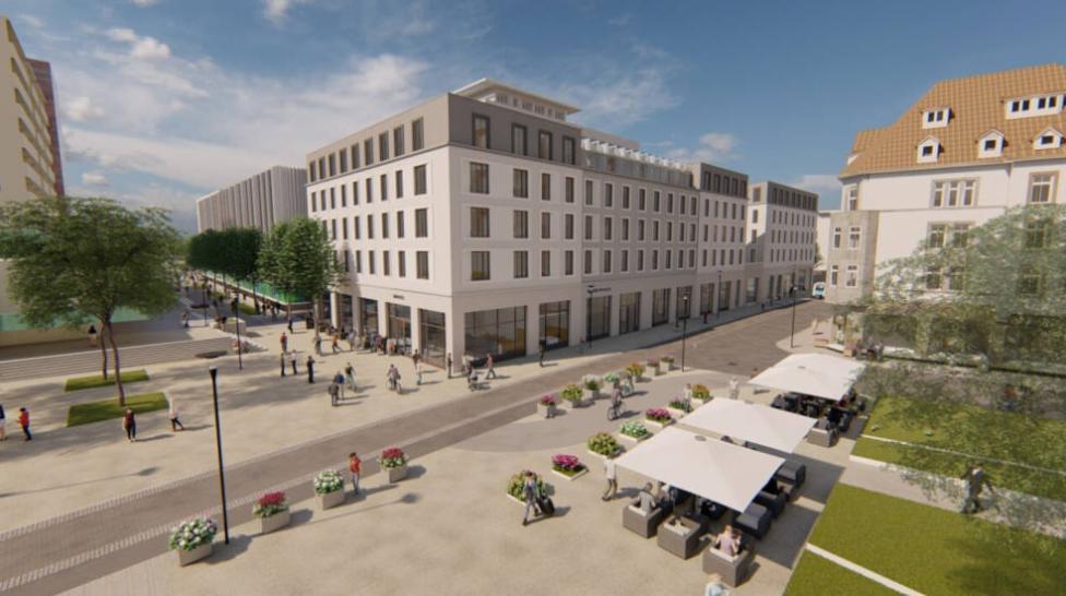 Geschäftshaus mit Supermarkt und Hotel im Zentrum von Erfurt: Die OFB Projektentwicklung GmbH realisiert in der Erfurter Innenstadt ein Geschäftshaus, in das ein Supermarkt und ein Designhotel mit rund 200 Zimmern einziehen werden. Alle Informationen zu dem Bauvorhaben.