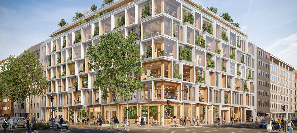 Neues Holz-Hybrid-Bürogebäude im südlichen Bahnhofsviertel von München: AXA IM Alts entwickelt gemeinsam mit der ACCUMULATA Real Estate Group an der Ecke Goethestraße / Schwanthalerstraße in München ein Holz-Hybrid-Bürogebäude mit begrünten Fassaden, Innenhöfen und einem großen Dachgarten. 