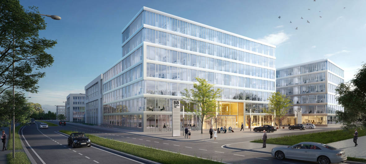 Hub 3 im Berliner Unternehmenscampus BB Business Hub feierlich eröffnet: Mit dem Gewerbeneubau Hub 3 in Schönefeld erhält der BB Business Hub rund 17.000 Quadratmeter zusätzliche moderne Büroflächen. Das Projekt ist ein Beispiel für den Bauboom in der Airport-Region Berlin-Brandenburg. 