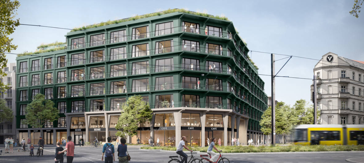 Nachverdichtung in Berlin-Friedrichshain: Neues Mixed-Use-Gebäudeensemble ersetzt „Party Rewe“: Henderson Park hat das Grundstück in der Revaler Straße 2 erworben und den Projektentwickler HAMBURG TEAM beauftragt, dort eine klimafreundliche und moderne Mixed-Use-Immobilie zu errichten.